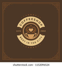 Coffee shop logo design template vector illustration. Cup silhouette, good for cafeteria signage and cafe badge. Retro typography emblem.
