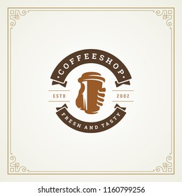 Coffee shop logo design template vector illustration. Cup silhouette, good for cafeteria signage and cafe badge. Retro typography emblem.