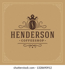 Coffee shop logo design template vector illustration. Bean silhouette, good for cafeteria signage and cafe badge. Retro typography emblem.
