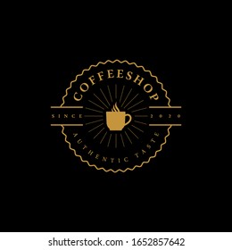 Plantilla de diseño del logo de la cafetería aislada en fondo negro. Un auténtico sabor, clásico, retro.
