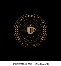 Coffee shop logo design template isolated on black background. Authentic taste, classic, retro concept.