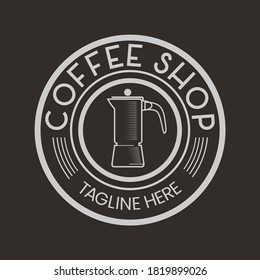 Coffee shop logo design template. Emblem, label, sticker elements for cafe and restaurant. Vector illustration with coffee maker and text in a circle.