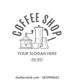 Coffee shop logo design template. Emblem, label, sticker elements for cafe and restaurant. Vector illustration in vintage style with coffee maker, cup, mill, cezve and text in a circle.