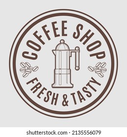 Coffee shop logo design template. Emblem, label, sticker elements for cafe and restaurant. Vector illustration with coffee maker and text in a circle.