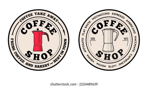 Coffee shop logo design template. Emblem, label, sticker elements for cafe and restaurant. Vector illustration with coffee maker and text in a circle.