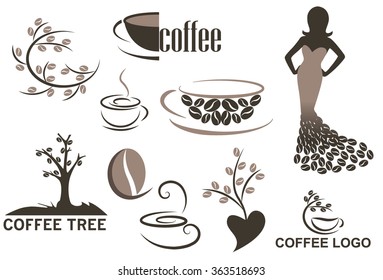 Coffee shop logo design template. Coffee symbols. Coffee tree, coffee cup, dress and heart 