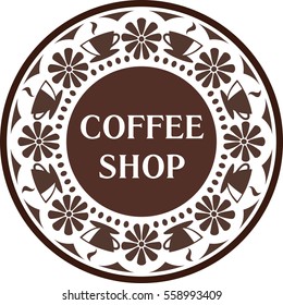 Coffee shop logo design template with coffee cups and flowers ornament.
