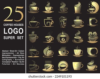 Coffee shop logo design vector illustration, Abstract, Street Art, Cubism, Impressionism, Art Deco, Minimalism, Expressionism. Set of vector logos.