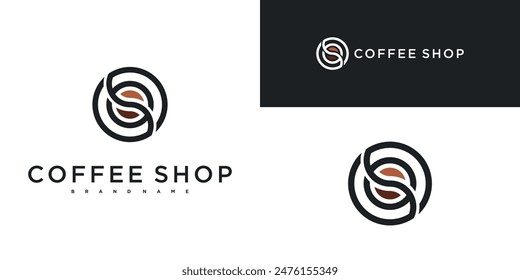 Diseño de logotipo de cafetería. Vector combinación de granos de café con líneas circulares. Vector Premium