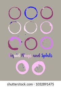 Coffee Shop Logo Element. Round Borders, Vintage Female Purple Frames. Vector Cup or Mug Stains and Marks. Cool Funky Graffiti Textured Banners, Buttons, Coffee Shop Logo or Ads Design, Stamp Element.