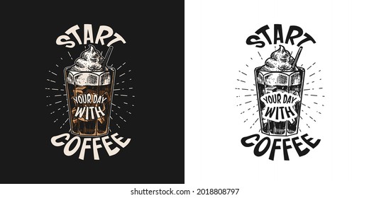 Logo y emblema de la cafetería. Taza de bebida. Latte, capuchino o espresso. Insignia retro vintage. Dibujo grabado a mano. Plantillas para camisetas, tipografía o carteles.