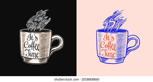 Coffee shop logo and emblem. Cup of drink. Latte or cappuccino or espresso. Vintage retro badge. Hand Drawn engraved sketch. Templates for t-shirts, typography or signboards.