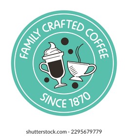 Coffee shop logo, family crafted drinks since 1870. Isolated icon with cup of aromatic beverage, ice latte and espresso. Label or emblem, logotype for a product package. Vector in flat style