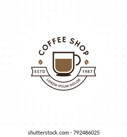 Coffee shop logo. Coffee logo for coffee house or shop. Vector badge or logotype with cup. Cafe house logotype. Vector illustration