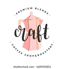 Coffee shop logo, identity sign for café. Modern hand drawn stamp illustration of moka pot, handwritten lettering logotype, isolated vector symbol, pastel color with gold foil 