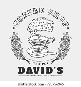 Coffee shop logo with laurel wreath, coffee cup