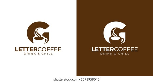 Coffee shop logo - letter and steaming coffee cup design in brown