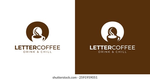 Coffee shop logo - letter and steaming coffee cup design in brown