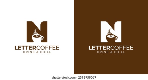 Coffee shop logo - letter and steaming coffee cup design in brown