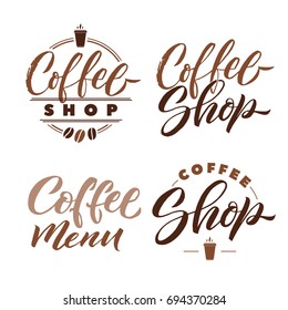 Coffee Shop Logo Lettering Set. Brown Letters on White Background. Vector Illustration.