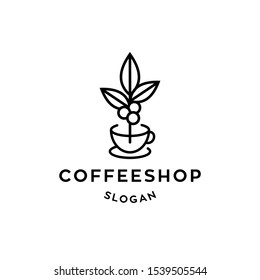 coffee shop logo line with bean plant and leaf icon in trendy linear style