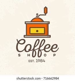 Coffee shop logo with coffee machine color style isolated on background for cafe, shop. Vector design elements, logos, identity, labels, badges and other branding objects. Vector illustration.