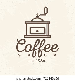 Coffee shop logo with coffee machine line style isolated on background for cafe, shop. Vector design elements, logos, identity, labels, badges and other branding objects. Vector illustration.