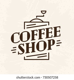 Coffee shop logo with coffee machine line style isolated on background for cafe, restaurant, shop, market, menu. Labels, badges and branding objects. Vector illustration
