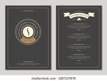 Coffee shop logo and menu design vector brochure template. Coffee bean silhouette.