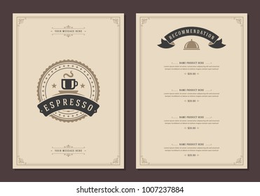 Coffee shop logo and menu design vector brochure template. Coffee cup silhouette.