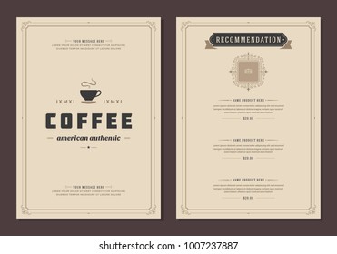 Coffee shop logo and menu design vector brochure template. Coffee cup silhouette.