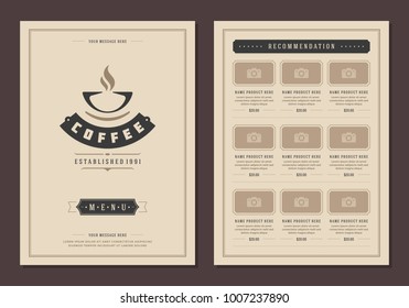Coffee shop logo and menu design vector brochure template. Coffee cup silhouette.