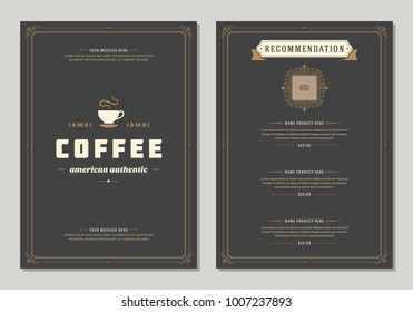 Coffee shop logo and menu design vector brochure template. Coffee cup silhouette.