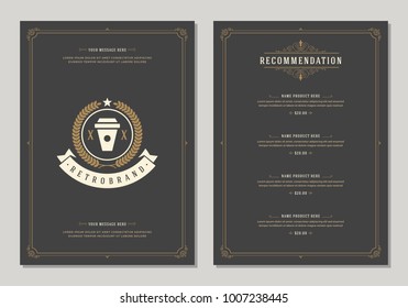 Coffee shop logo and menu design vector brochure template. Coffee cup silhouette.