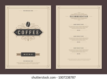 Plantilla de folleto del logo de la cafetería y diseño de menús vectoriales. Silueta de judías de café.