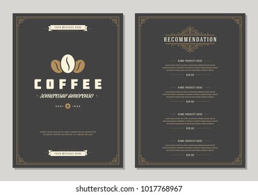 Coffee shop logo and menu design vector brochure template. Coffee bean silhouette.