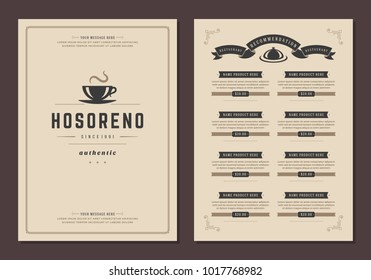 Coffee shop logo and menu design vector brochure template. Coffee cup silhouette.
