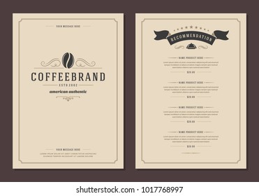 Coffee shop logo and menu design vector brochure template. Coffee bean silhouette.