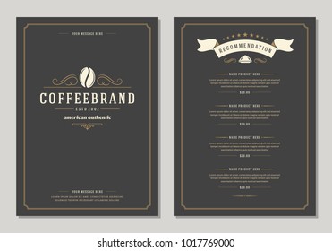 Coffee shop logo and menu design vector brochure template. Coffee bean silhouette.