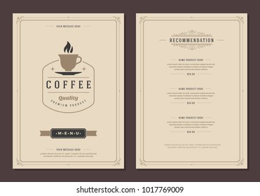 Coffee shop logo and menu design vector brochure template. Coffee cup silhouette.
