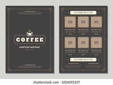 Coffee shop logo and menu design vector brochure template. Coffee cup silhouette.