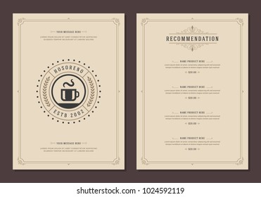 Coffee shop logo and menu design vector brochure template. Coffee cup silhouette.