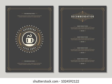 Coffee shop logo and menu design vector brochure template. Coffee cup silhouette.