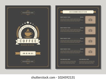 Coffee shop logo and menu design vector brochure template. Coffee cup silhouette.