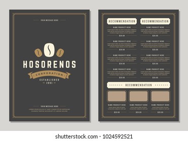 Coffee shop logo and menu design vector brochure template. Coffee bean silhouette.