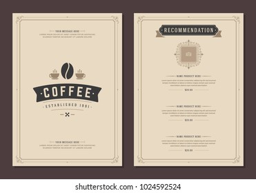 Coffee shop logo and menu design vector brochure template. Coffee bean silhouette.