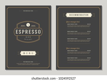 Coffee shop logo and menu design vector brochure template. Coffee bean silhouette.