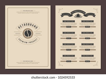 Coffee shop logo and menu design vector brochure template. Coffee bean silhouette.