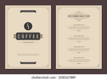 Coffee shop logo and menu design vector brochure template. Coffee bean silhouette.