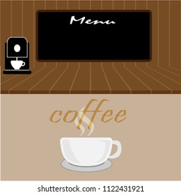 Coffee shop logo and menu design vector brochure template. Coffee cup silhouette.